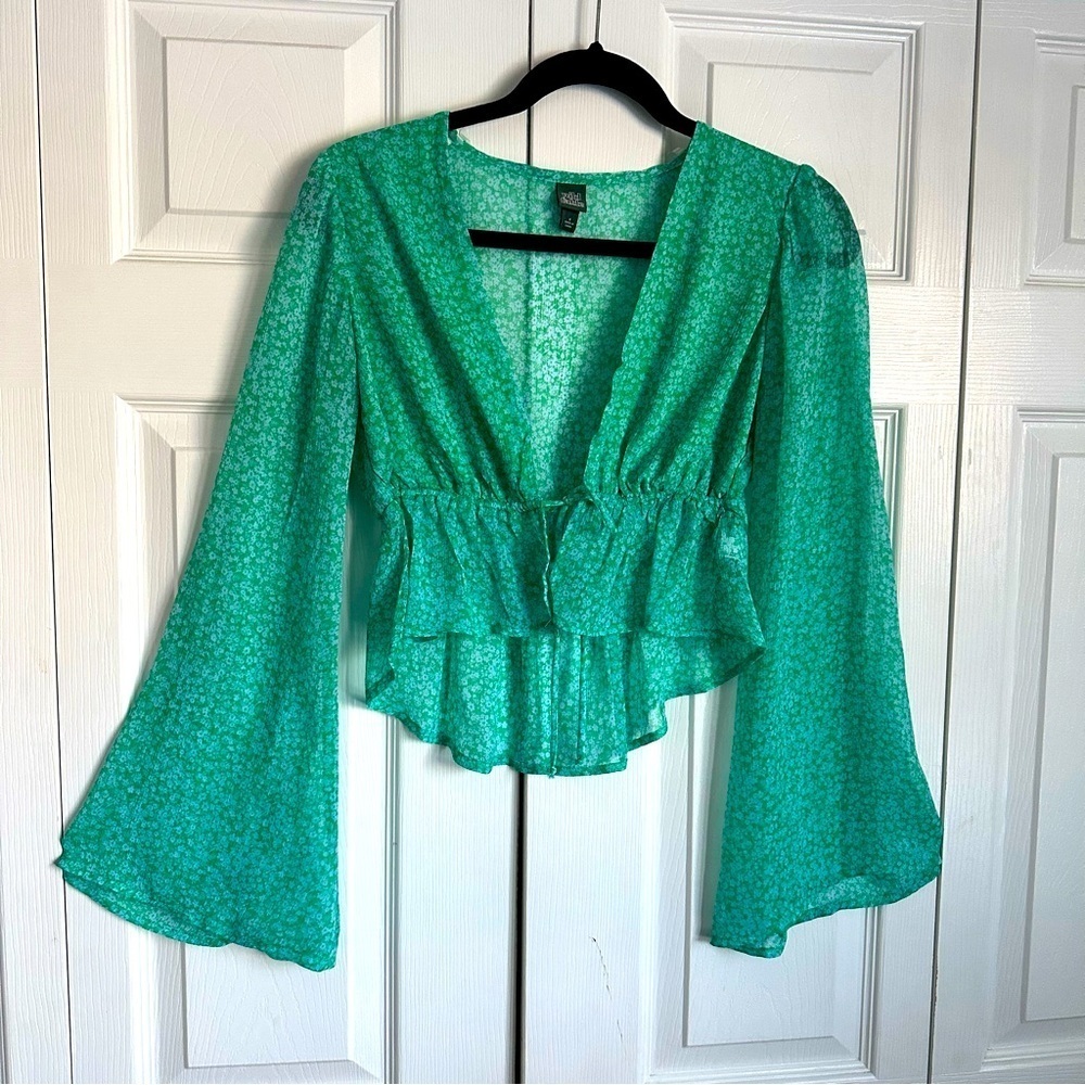 Wild Fable Peplum Top Womens Sz S Drawstring Waist Floral Fairy Boho Sheer - Picture 2 of 11